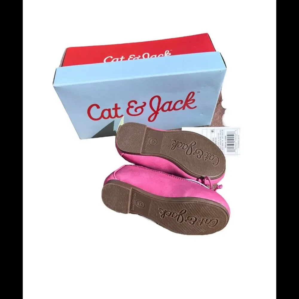 Cat‎ & Jack Toddler Girls Sz 4 Slip on Pink Fabric Ballet Flats W Bow Strap NIB